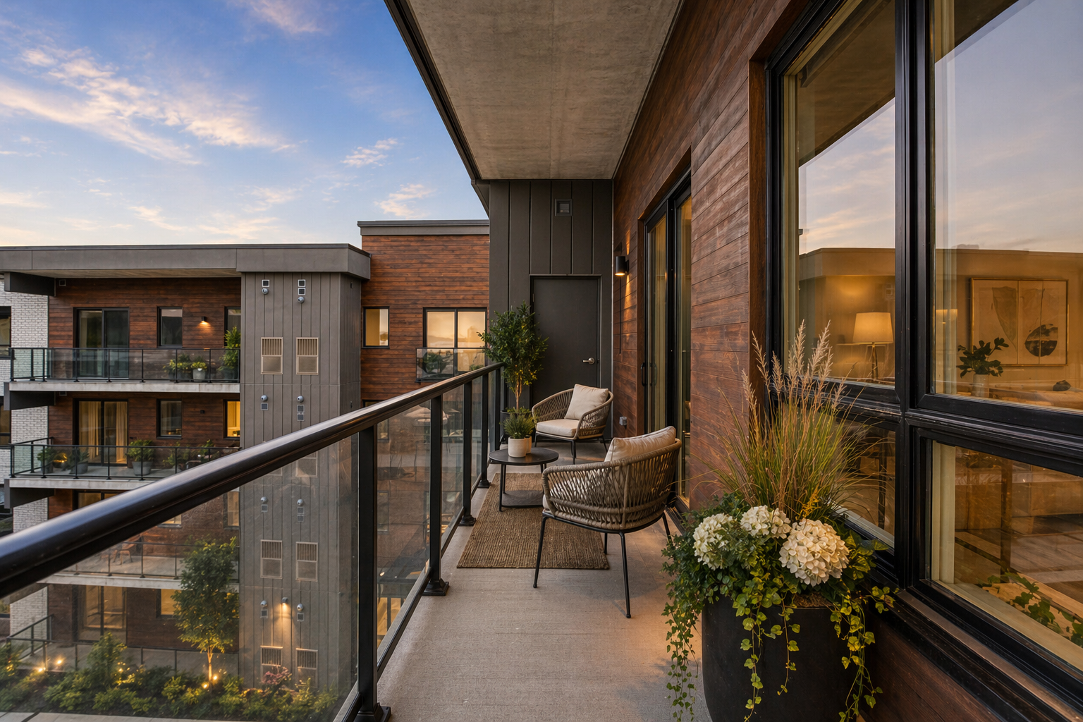 Balcony seating area at Marbella Condominiums, Niagara Falls