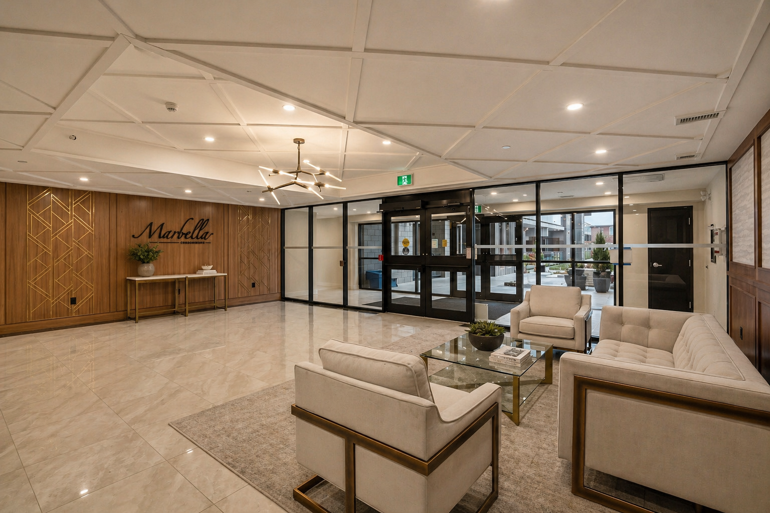 Marbella Condominiums lobby – marble floors, designer seating, and the Marbella sign